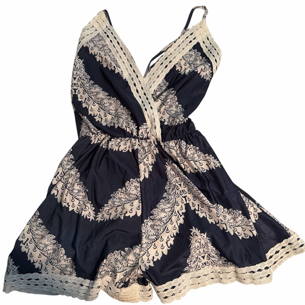 Navy & Cream Lace-Trimmed Romper